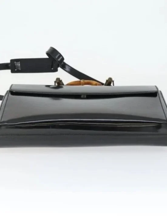 GUCCI Bamboo Hand Bag Patent leather 2 Set Black Auth bs33355 - Picture 7 of 16